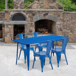 Flash Furniture Commercial Grade 31.5″ x 63″ Rectangular Silver Metal Indoor-Outdoor Table Set with 4 Stack Chairs(Blue)