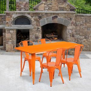 Flash Furniture Commercial Grade 31.5″ x 63″ Rectangular Silver Metal Indoor-Outdoor Table Set with 4 Stack Chairs(Orange)
