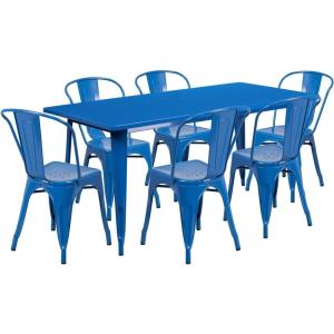 Flash Furniture Commercial Grade 31.5″ x 63″ Rectangular White Metal Indoor-Outdoor Table Set with 6 Stack Chairs(Blue)