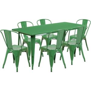 Flash Furniture Commercial Grade 31.5″ x 63″ Rectangular White Metal Indoor-Outdoor Table Set with 6 Stack Chairs(Green)