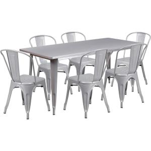 Flash Furniture Commercial Grade 31.5″ x 63″ Rectangular White Metal Indoor-Outdoor Table Set with 6 Stack Chairs(Silver)