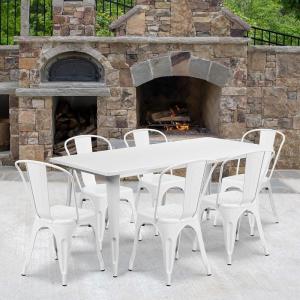 Flash Furniture Commercial Grade 31.5″ x 63″ Rectangular White Metal Indoor-Outdoor Table Set with 6 Stack Chairs(White)