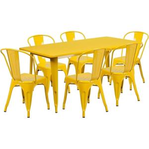 Flash Furniture Commercial Grade 31.5″ x 63″ Rectangular White Metal Indoor-Outdoor Table Set with 6 Stack Chairs(Yellow)