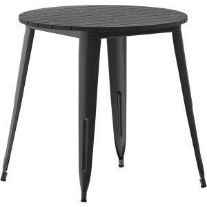 Flash Furniture Declan Commercial Outdoor Dining Table, All Weather Poly Resin Top with Steel Base, 30″ Round, Brown/Black(Black Top/Black Frame)