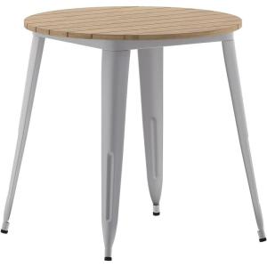 Flash Furniture Declan Commercial Outdoor Dining Table, All Weather Poly Resin Top with Steel Base, 30″ Round, Brown/Black(Brown Top/Silver Frame)