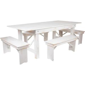 Flash Furniture HERCULES Series 7′ x 40” Antique Rustic Folding Farm Table and Four Bench Set(Antique Rustic White)