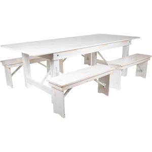 Flash Furniture HERCULES Series 8′ x 40” Antique Rustic Folding Farm Table and Four 40.25″L Bench Set(Antique Rustic White)
