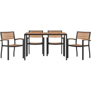 Flash Furniture Lark 5 Piece Outdoor Dining Table Set – Synthetic Teak Poly Slats – 30″ x 48″ Steel Framed Table with Umbrella Holder Hole – 4 Stackable Club Chairs
