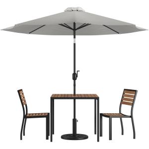 Flash Furniture Lark 5 Piece Patio Table Set – 2 Synthetic Stackable Faux Teak Chairs – 35″ Square Faux Teak Table – Tan Umbrella with Base(Grey)