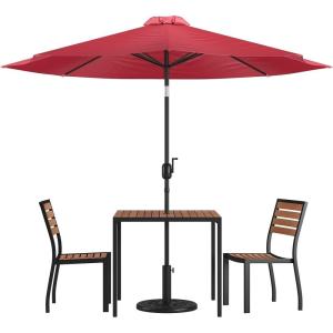 Flash Furniture Lark 5 Piece Patio Table Set – 2 Synthetic Stackable Faux Teak Chairs – 35″ Square Faux Teak Table – Tan Umbrella with Base(Red)