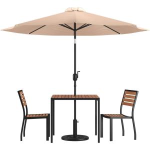 Flash Furniture Lark 5 Piece Patio Table Set – 2 Synthetic Stackable Faux Teak Chairs – 35″ Square Faux Teak Table – Tan Umbrella with Base(Tan)