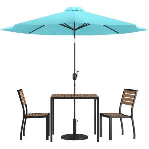 Flash Furniture Lark 5 Piece Patio Table Set – 2 Synthetic Stackable Faux Teak Chairs – 35″ Square Faux Teak Table – Tan Umbrella with Base(Teal)