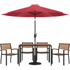 Flash Furniture Lark 7 Piece Outdoor Patio Dining Table Set – 4 Synthetic Teak Stackable Chairs with Arms – 30″ x 48″ Table – Tan Umbrella with Base(Red)