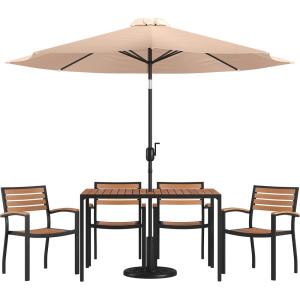 Flash Furniture Lark 7 Piece Outdoor Patio Dining Table Set – 4 Synthetic Teak Stackable Chairs with Arms – 30″ x 48″ Table – Tan Umbrella with Base(Tan)