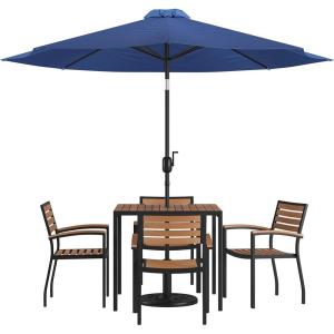 Flash Furniture Lark 7 Piece Outdoor Patio Dining Table Set – 4 Synthetic Teak Stackable Chairs with Arms – 35″ Square Table – Tan Umbrella with Base(Navy)
