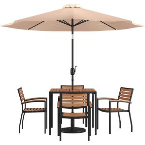 Flash Furniture Lark 7 Piece Outdoor Patio Dining Table Set – 4 Synthetic Teak Stackable Chairs with Arms – 35″ Square Table – Tan Umbrella with Base(Tan)