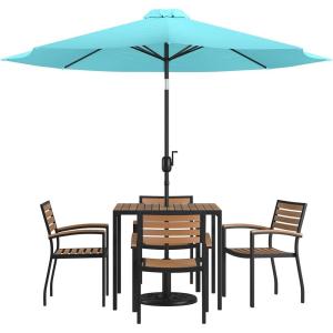 Flash Furniture Lark 7 Piece Outdoor Patio Dining Table Set – 4 Synthetic Teak Stackable Chairs with Arms – 35″ Square Table – Tan Umbrella with Base(Teal)