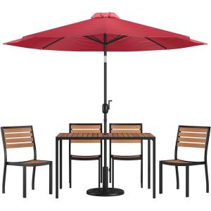 Flash Furniture Lark 7 Piece Patio Table Set – 4 Synthetic Stackable Faux Teak Chairs – 30″ x 48″ Faux Teak Table – Red Umbrella with Base(Red)