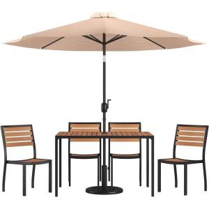 Flash Furniture Lark 7 Piece Patio Table Set – 4 Synthetic Stackable Faux Teak Chairs – 30″ x 48″ Faux Teak Table – Red Umbrella with Base(Tan)