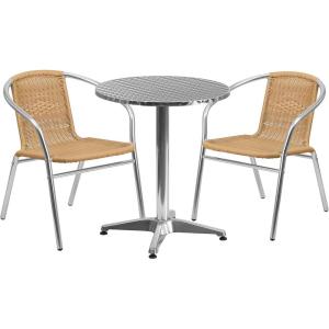 Flash Furniture Lila 23.5” Round Aluminum Indoor-Outdoor Table Set with 2 Beige Rattan Chairs(Beige)