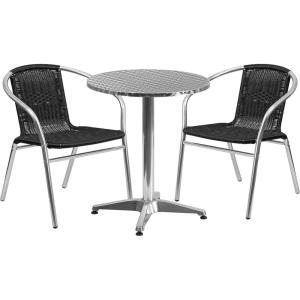 Flash Furniture Lila 23.5” Round Aluminum Indoor-Outdoor Table Set with 2 Beige Rattan Chairs(Black)