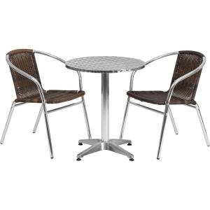 Flash Furniture Lila 23.5” Round Aluminum Indoor-Outdoor Table Set with 2 Beige Rattan Chairs(Dark Brown)