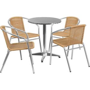 Flash Furniture Lila 23.5” Round Aluminum Indoor-Outdoor Table Set with 4 Dark Brown Rattan Chairs(Beige)