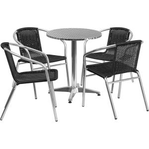 Flash Furniture Lila 23.5” Round Aluminum Indoor-Outdoor Table Set with 4 Dark Brown Rattan Chairs(Black)