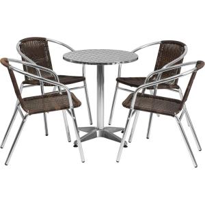 Flash Furniture Lila 23.5” Round Aluminum Indoor-Outdoor Table Set with 4 Dark Brown Rattan Chairs(Dark Brown)
