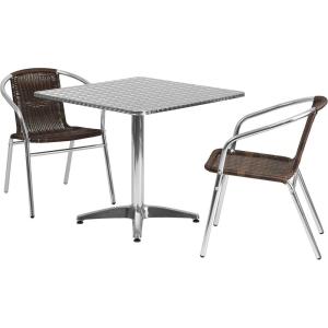 Flash Furniture Lila 31.5” Square Aluminum Indoor-Outdoor Table Set with 2 Black Rattan Chairs(Dark Brown)