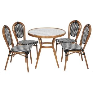 Flash Furniture Lourdes Indoor/Outdoor Commercial Bistro Set – Tempered Glass Top Table – 4 Chairs – PE Rattan – NAT Bamboo Print Aluminum Frame – Black/White