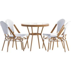 Flash Furniture Lourdes Indoor/Outdoor Commercial French Bistro Set – Tempered Glass Top Table – 4 Chairs – PE Rattan – NAT Bamboo Print Aluminum Frame – White/Navy(White & Gray Rattan/Natural Frame)
