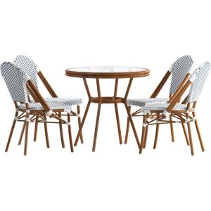 Flash Furniture Lourdes Indoor/Outdoor Commercial French Bistro Set – Tempered Glass Top Table – 4 Chairs – PE Rattan – NAT Bamboo Print Aluminum Frame – White/Navy(White & Navy Rattan/Natural Frame)