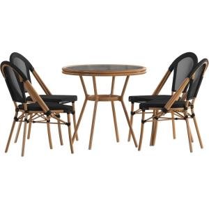 Flash Furniture Marseille Indoor/Outdoor Commercial Bistro Set – Tempered Glass Top Table – 4 Chairs – Textilene – Lt NAT Bamboo Print Aluminum Frame – Blk/Wht(Black Textilene/Natural Frame)
