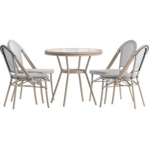 Flash Furniture Marseille Indoor/Outdoor Commercial Bistro Set – Tempered Glass Top Table – 4 Chairs – Textilene – Lt NAT Bamboo Print Aluminum Frame – Blk/Wht(Black & White Textilene/Light Natural Frame)