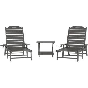 Flash Furniture Monterey Commercial 3-Piece Indoor/Outdoor Adirondack Set, 2 Adjustable HDPE Loungers with Cup Holders, Folding Side Table, All-Weather Use, Black(Grey)