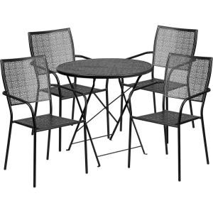 Flash Furniture Oia Commercial Grade 30″ Round Black Indoor-Outdoor Steel Folding Patio Table Set with 4 Square Back Chairs(Black)