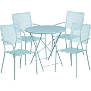 Flash Furniture Oia Commercial Grade 30″ Round Black Indoor-Outdoor Steel Folding Patio Table Set with 4 Square Back Chairs(Sky Blue)