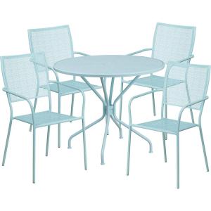 Flash Furniture Oia Commercial Grade 35.25″ Round Sky Blue Indoor-Outdoor Steel Patio Table Set with 4 Square Back Chairs(Sky Blue)