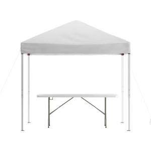 Flash Furniture Otis 8’x8′ Blue Pop Up Event Canopy Tent with Carry Bag and 6-Foot Bi-Fold Folding Table with Carrying Handle – Tailgate Tent Set(White)