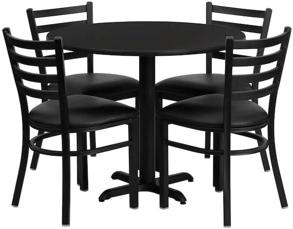 image:imageFlash Furniture Carlton 36 Round Mahogany Laminate Table Set with XBase and 4 Ladder Back Metal Chairs Burgundy Vinyl SeatBlack TopBlack Vinyl Seat