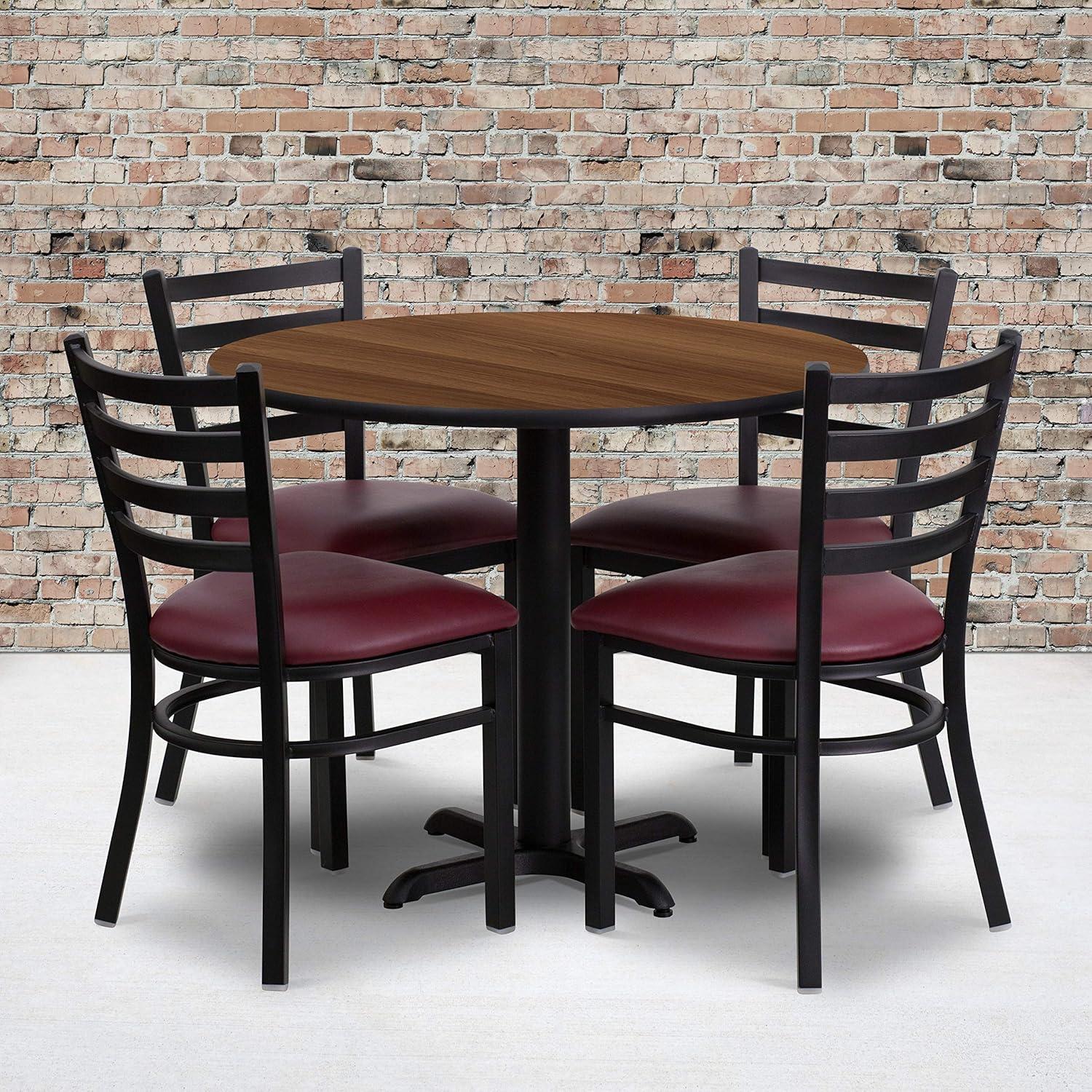 image:imageFlash Furniture Carlton 36 Round Mahogany Laminate Table Set with XBase and 4 Ladder Back Metal Chairs Burgundy Vinyl SeatWalnut TopBurgundy Vinyl Seat
