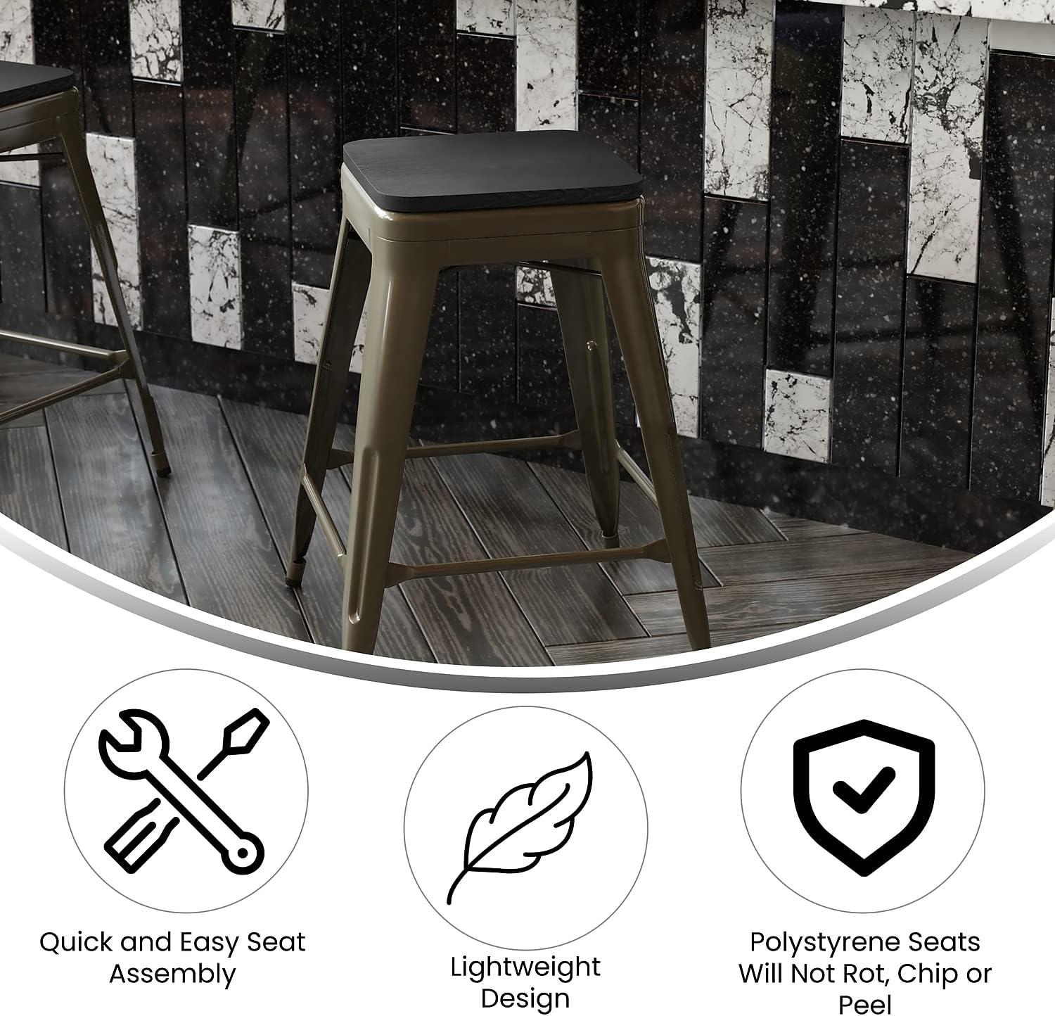 image:imageFlash Furniture Cierra 4 Pack Commercial Indoor Counter Height Stools Gunmetal Galvanized Steel Frame Black AllWeather Poly Resin Seat 24 High Backless