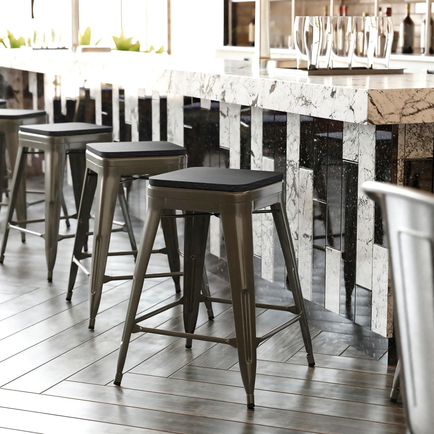 image:imageFlash Furniture Cierra 4 Pack Commercial Indoor Counter Height Stools Gunmetal Galvanized Steel Frame Black AllWeather Poly Resin Seat 24 High Backless