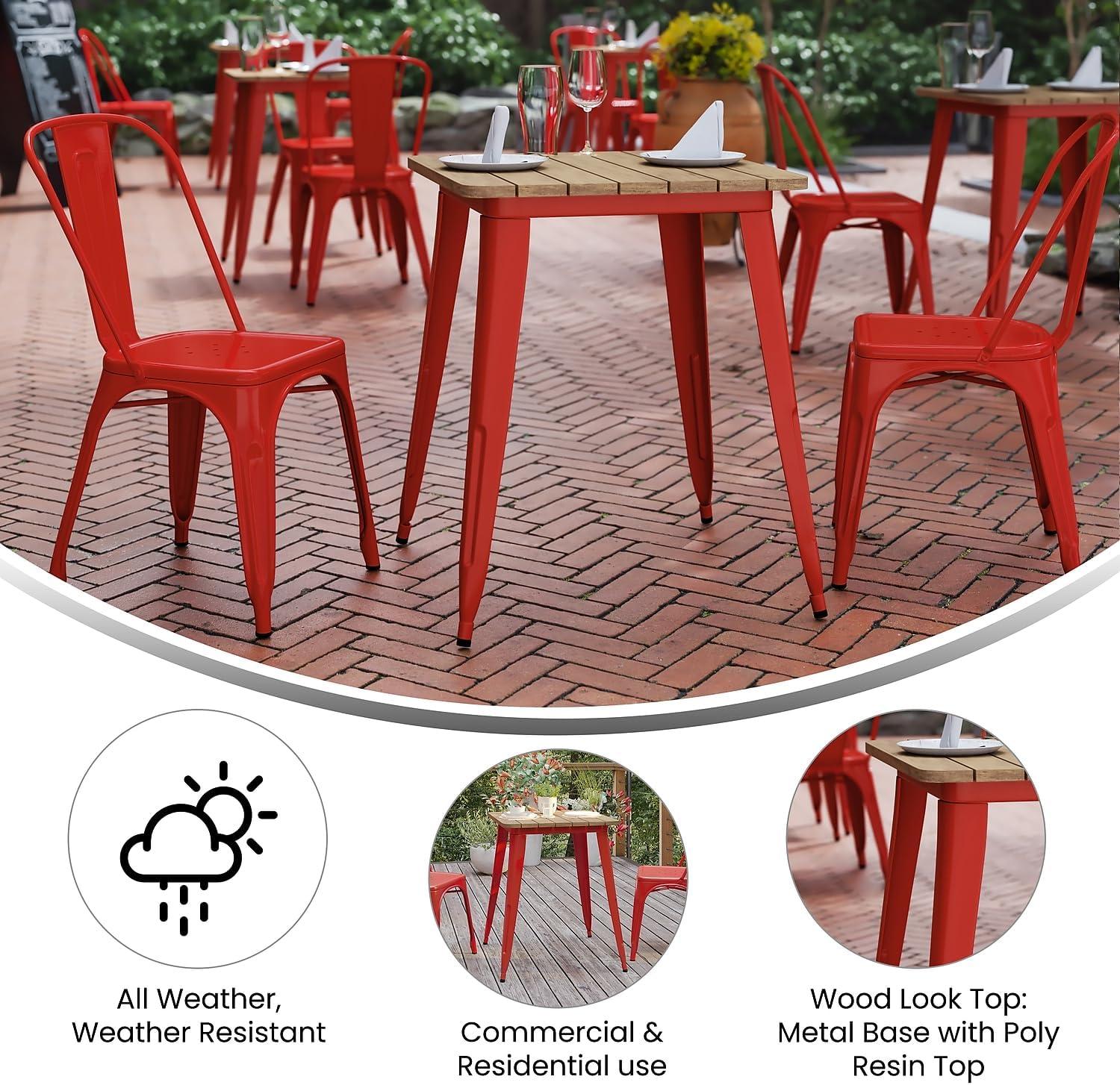 image:imageFlash Furniture Declan Commercial Outdoor Dining Table All Weather Poly Resin Top with Steel Base 2375 Square BrownSilverBrown TopRed Frame
