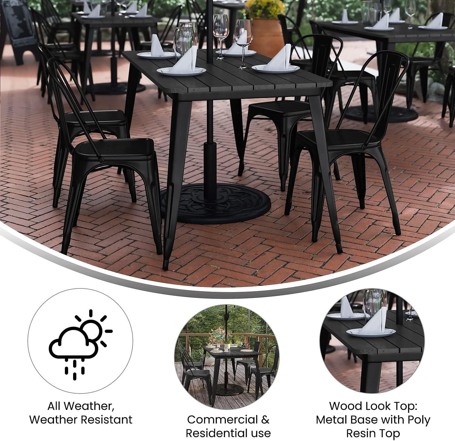 image:imageFlash Furniture Declan Commercial Outdoor Dining Table with Umbrella Hole All Weather Poly Resin Top and Steel Base 30 x 60 BrownSilverBlack TopBlack Frame