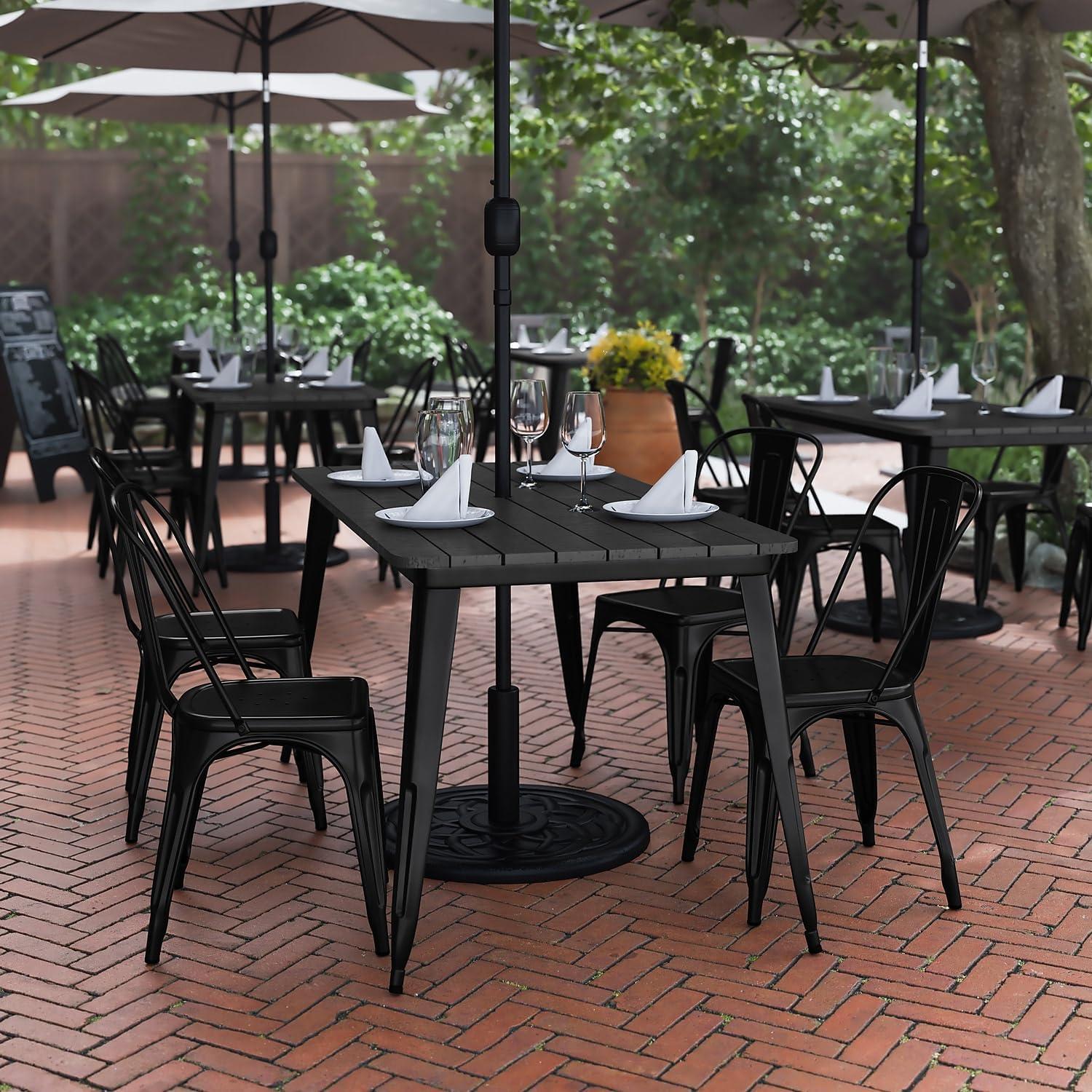 image:imageFlash Furniture Declan Commercial Outdoor Dining Table with Umbrella Hole All Weather Poly Resin Top and Steel Base 30 x 60 BrownSilverBlack TopBlack Frame