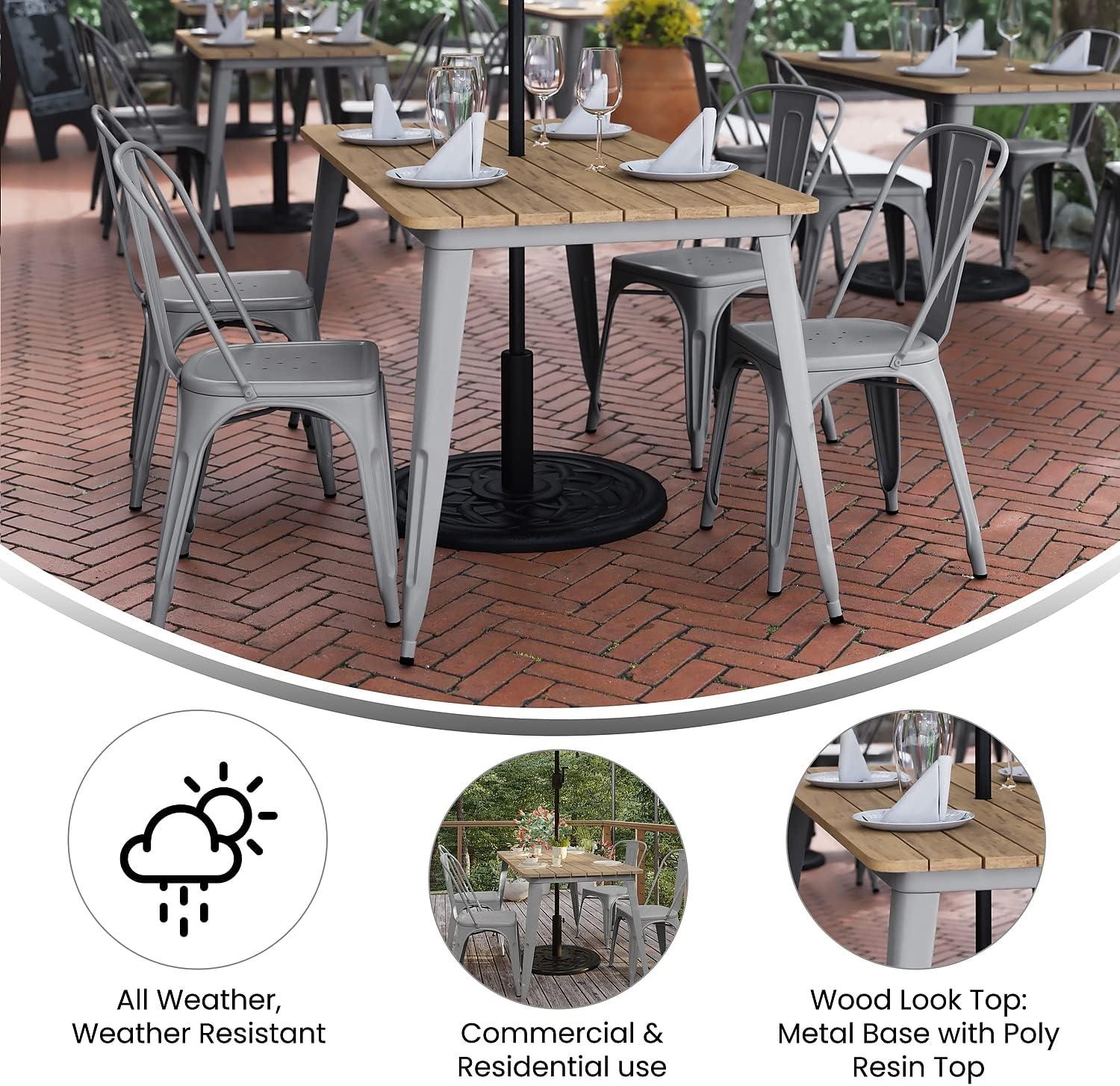 image:imageFlash Furniture Declan Commercial Outdoor Dining Table with Umbrella Hole All Weather Poly Resin Top and Steel Base 30 x 60 BrownSilverBrown TopSilver Frame