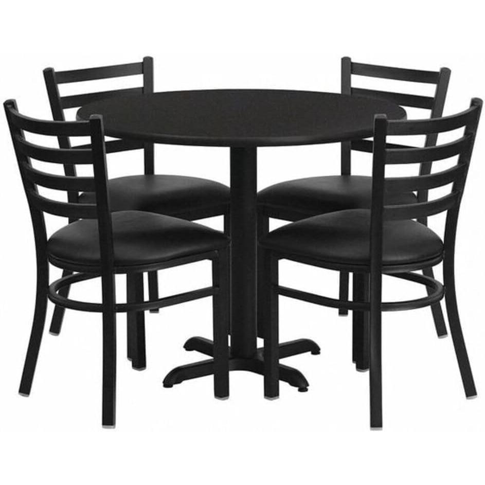 image:imageFlash Furniture Carlton 36 Round Mahogany Laminate Table Set with XBase and 4 Ladder Back Metal Chairs Burgundy Vinyl SeatBlack TopBlack Vinyl Seat