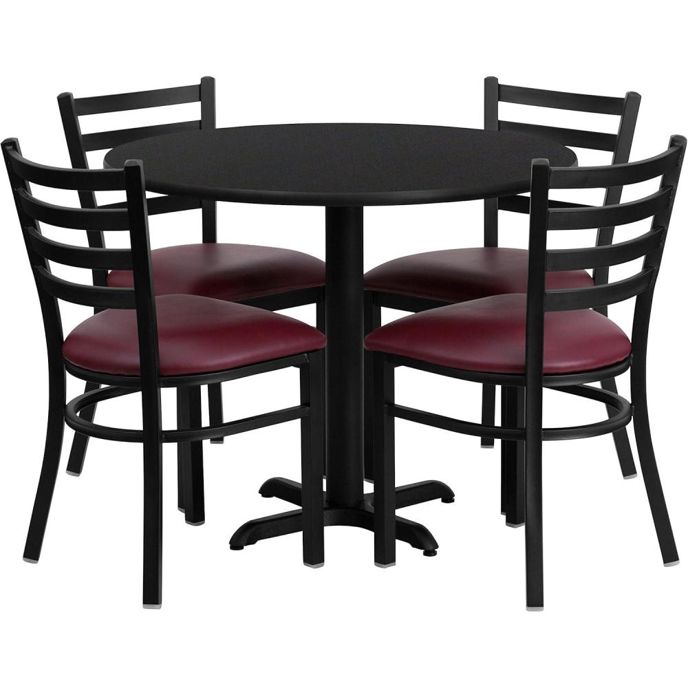image:imageFlash Furniture Carlton 36 Round Mahogany Laminate Table Set with XBase and 4 Ladder Back Metal Chairs Burgundy Vinyl SeatBlack TopBurgundy Vinyl Seat